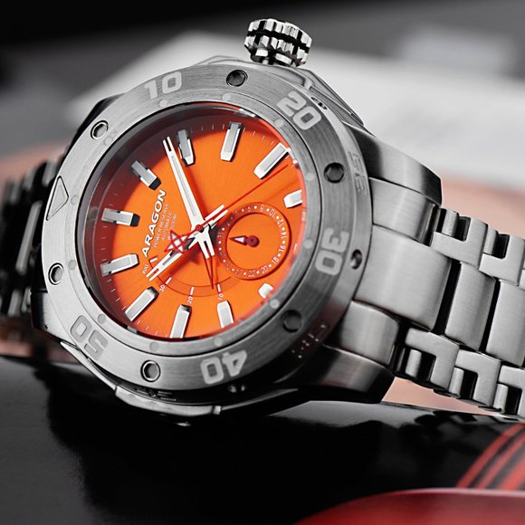 NEW! ARAGON Power Reserve Watch Automatic Orange Dial 44mm SuperJet NE57 - Picture 2 of 12